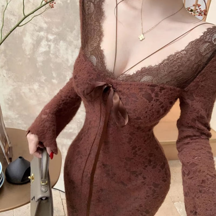 【dress】胸パット付きロングレースワンピース Q8167