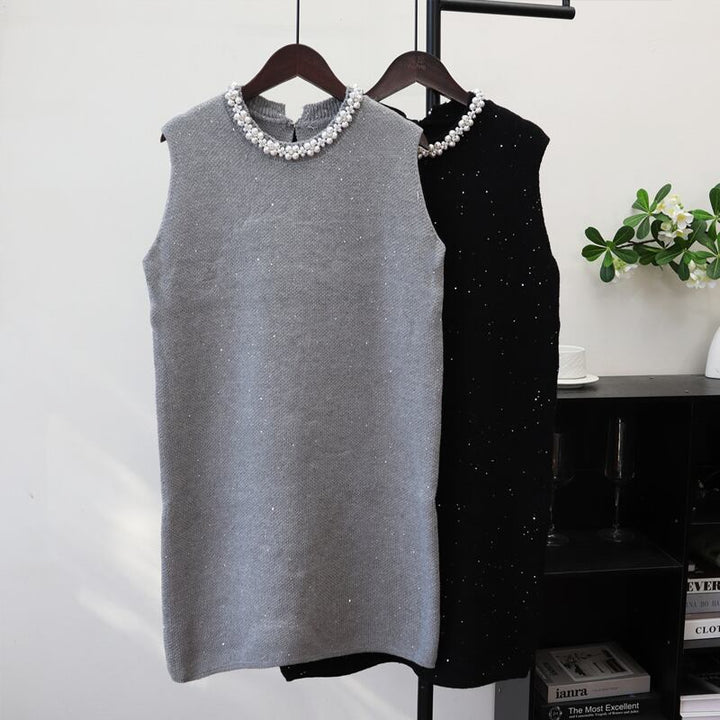 【dress】パール付きノースリーブニットワンピース Q7323