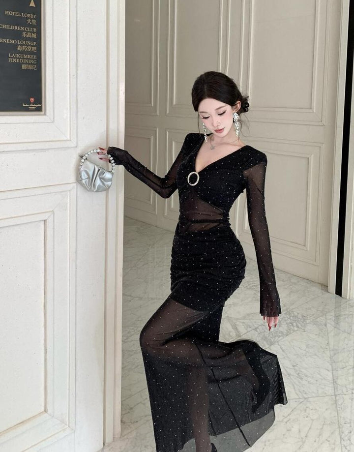 【dress】チュールドッキングロングワンピース Q7422