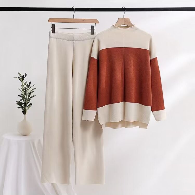 【set】配色ニットトップス+ストレートパンツセット　M17709