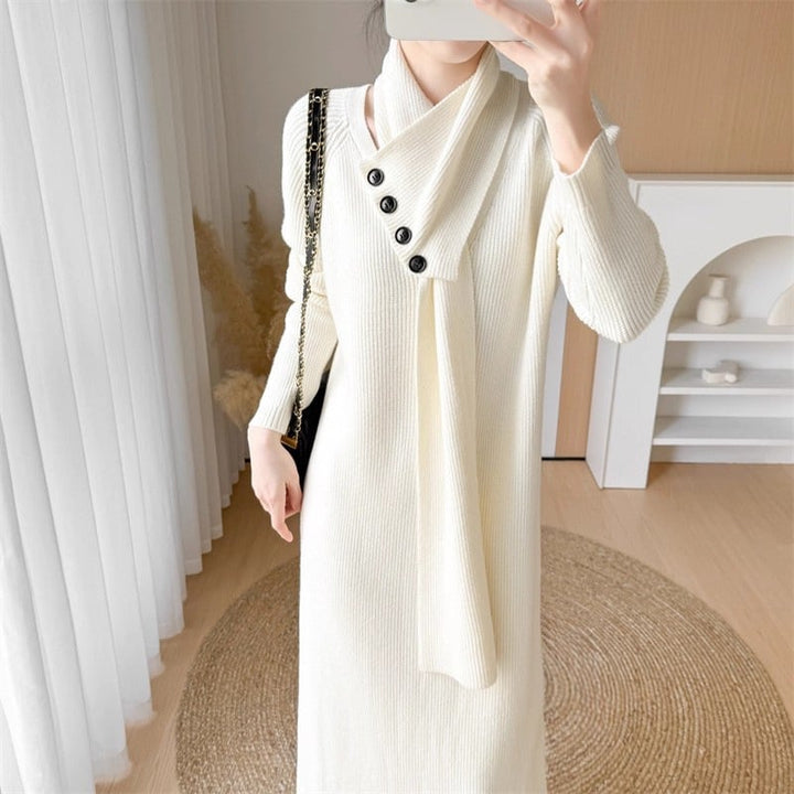 【dress】マフラー付きロングニットワンピース Q7315
