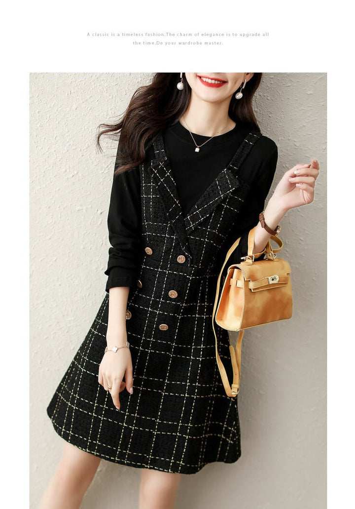【dress】切り替えボタンデザインチェック柄ワンピース　M17688
