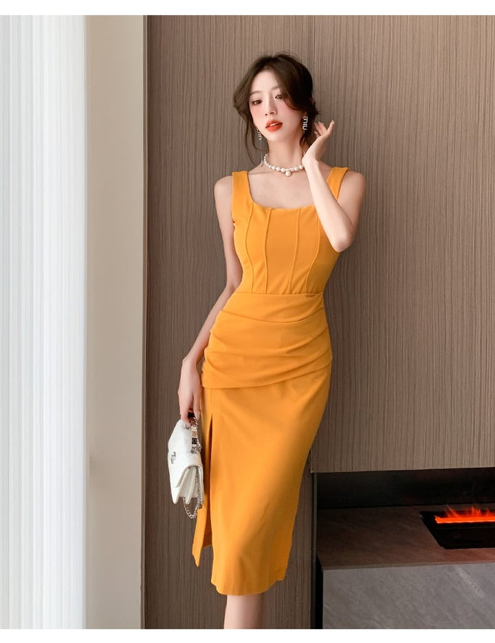 【dress】韓国系エレガントスリットキャミワンピース　M17097