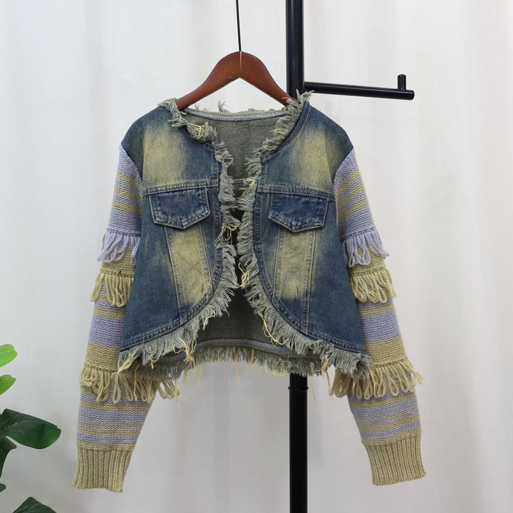 【outer】デニム切り替えフリンジニットカーデ　M18219