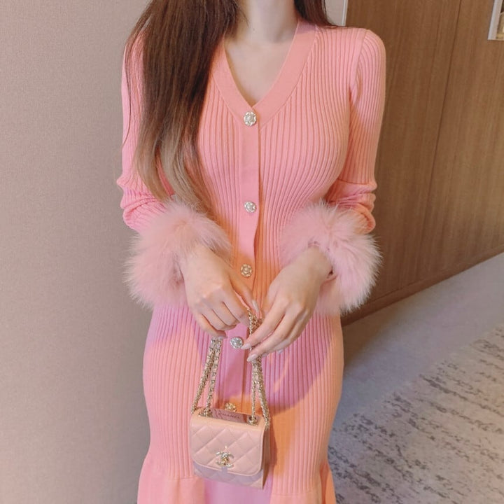 【dress】袖ファー マーメイドニットワンピース　M26156