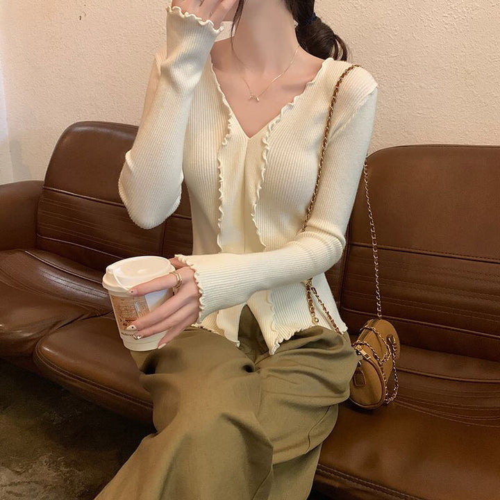 【tops】Vネックフリルニットトップス　M18839