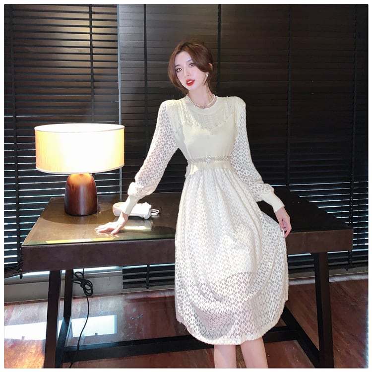 【dress】レースドッキングニットワンピース　M18431