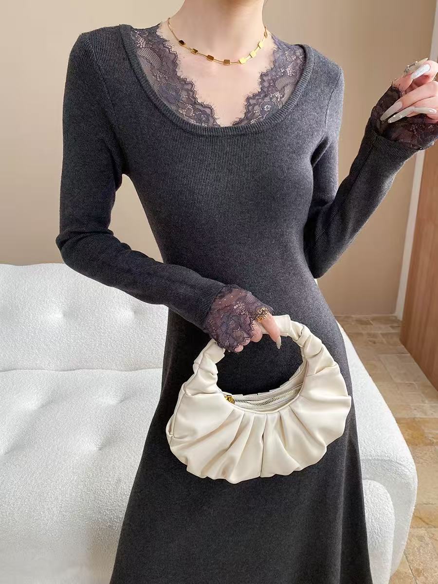 【dress】レースドッキングニットワンピース  K0658