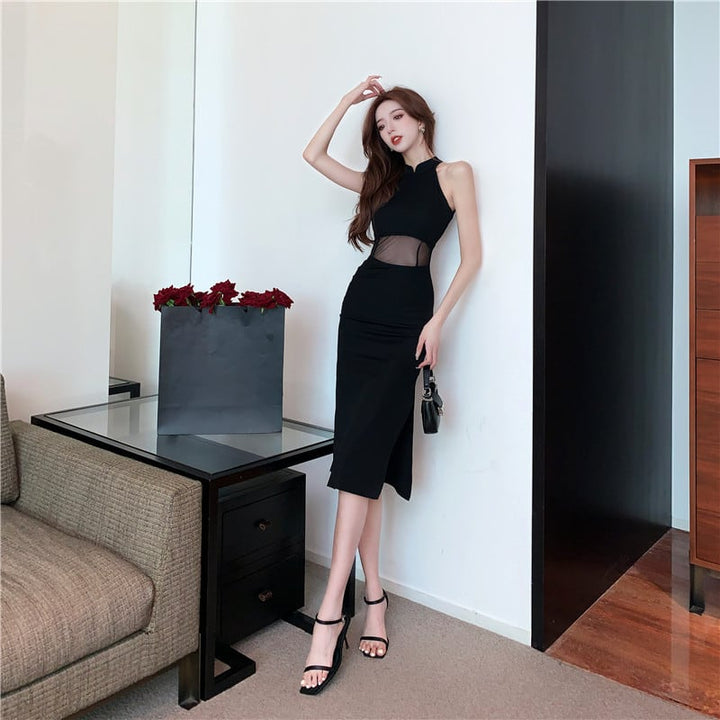 【dress】ノースリーブチュールドッキングワンピース Q8431