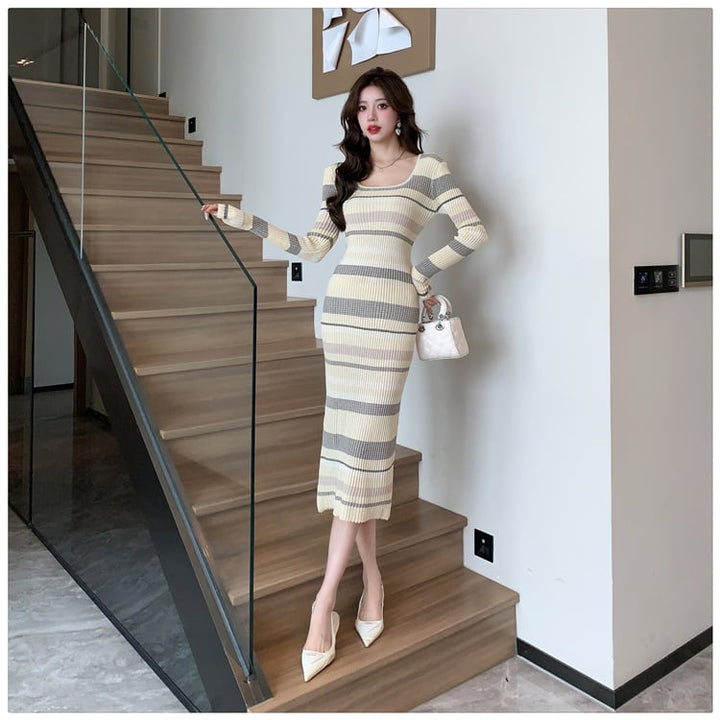 【dress】目立つ！ボーダー柄ニットワンピースオシャレ　M17464