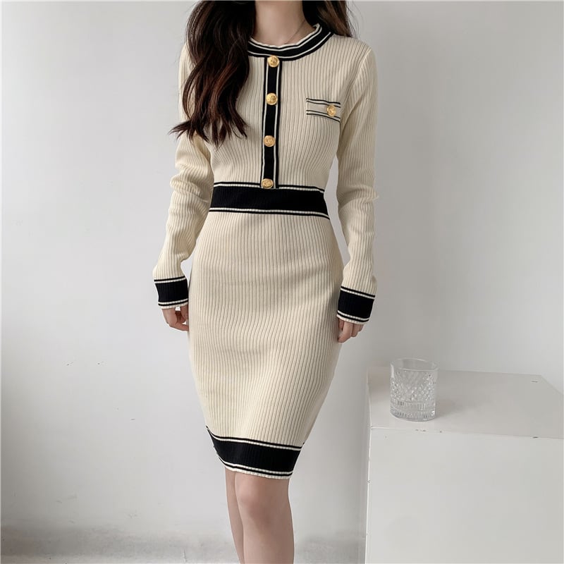 【dress】韓国系超人気エレガントニットワンピース　M17485