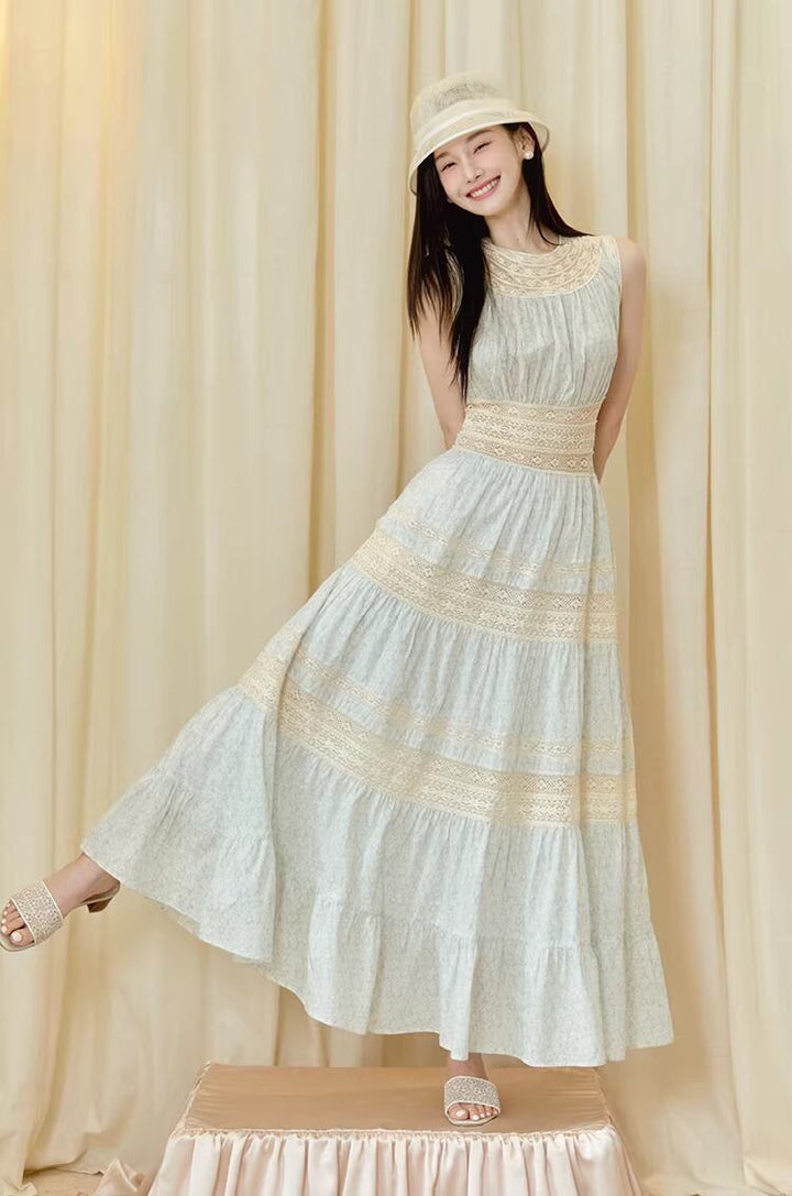 【dress】レースドッキングロングワンピース Q8386