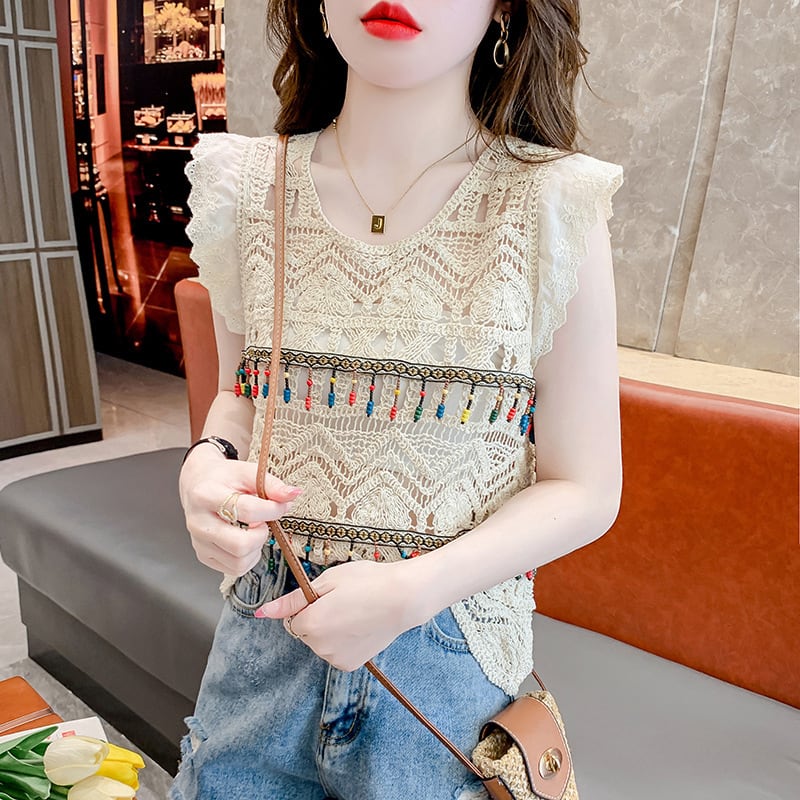 【tops】大人可愛いカットワークノースリーブトップス　M17059