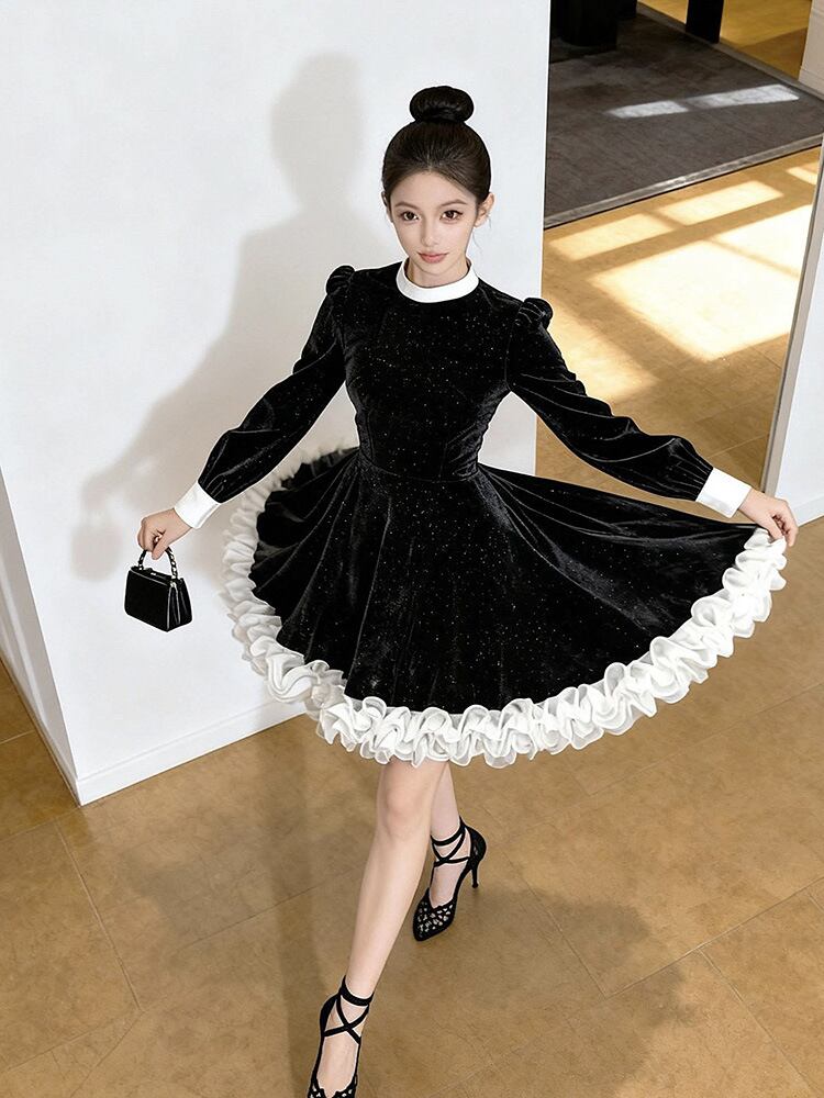 【dress】ギャザーフリルベルベットワンピース Q7573