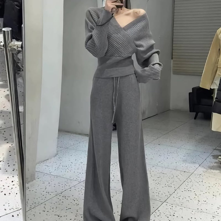 【set】クロスネックニットトップス×ワイドパンツセット Q7696
