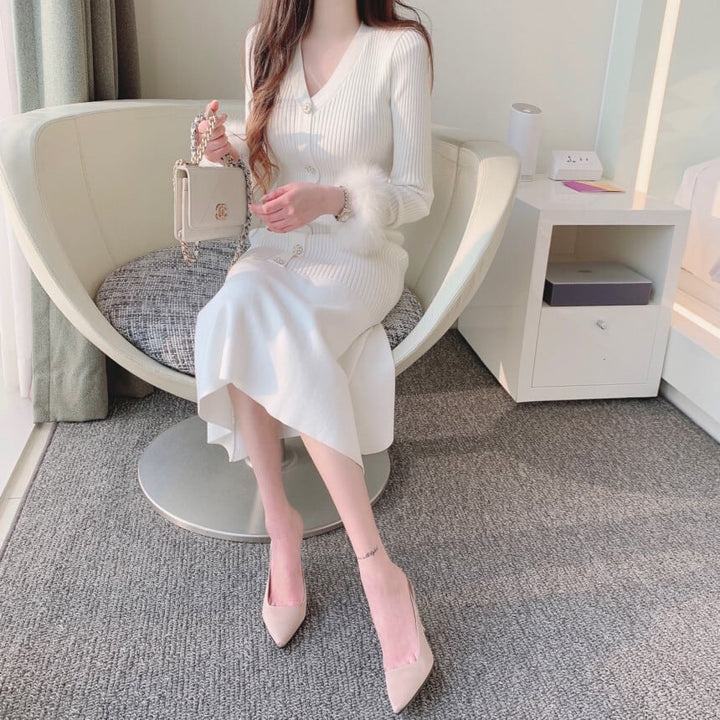 【dress】袖ファー マーメイドニットワンピース　M26156