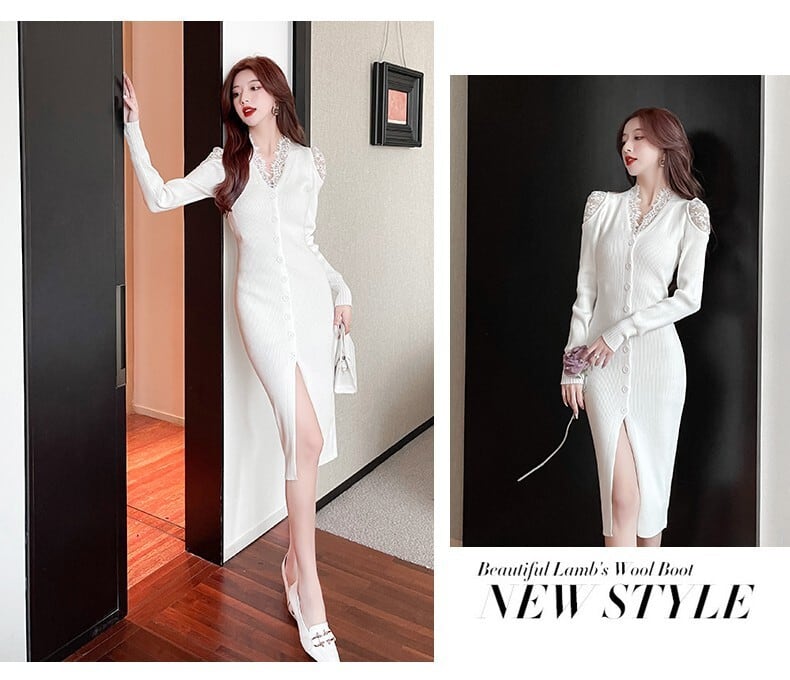 【dress】韓国系レース切り替えニットワンピース　M17631