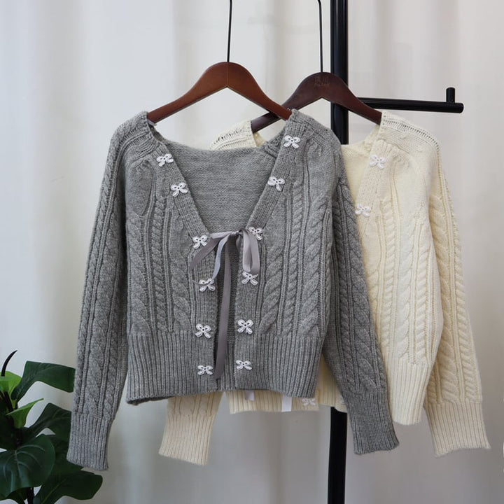 【outer】リボン付きニットカーデ　M25494