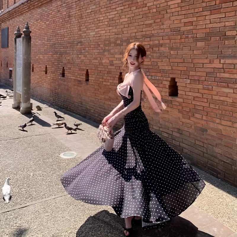 【dress】ドット柄リボン付きロングワンピース Q8374