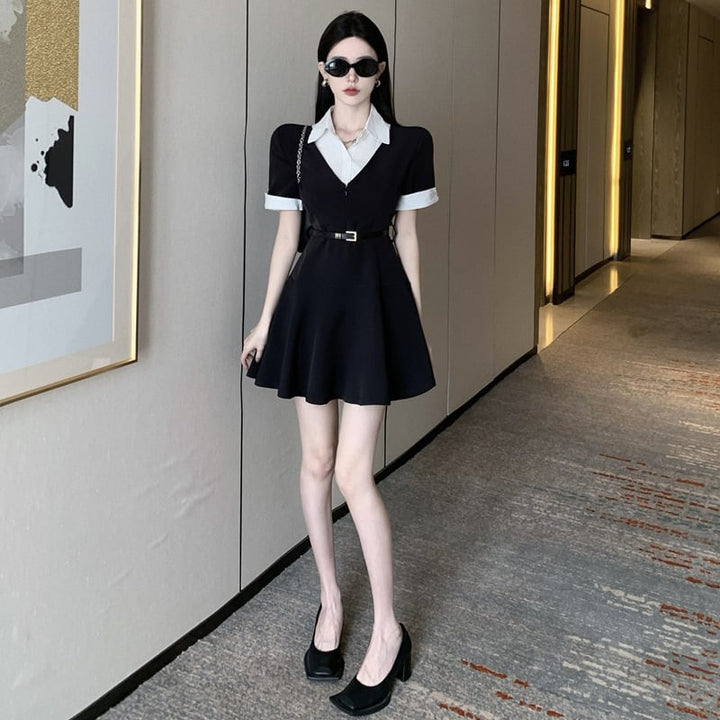 【dress】POLOネック切り替えワンピースベルト付き　M17173