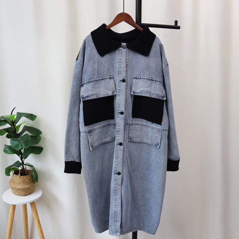 【outer】ロング丈デニム切り替えニットカーデ　M26677