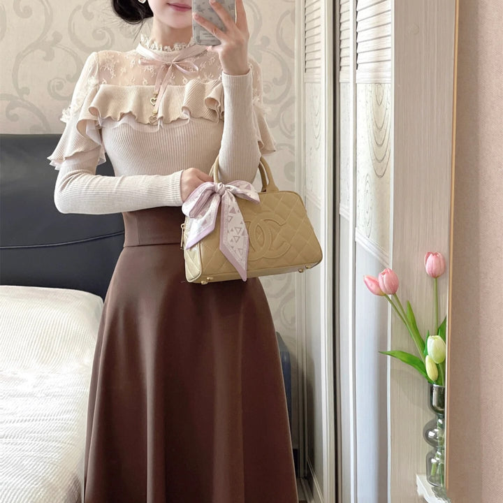 【set】レースフリルニットトップス×ロングスカートセット    N3477