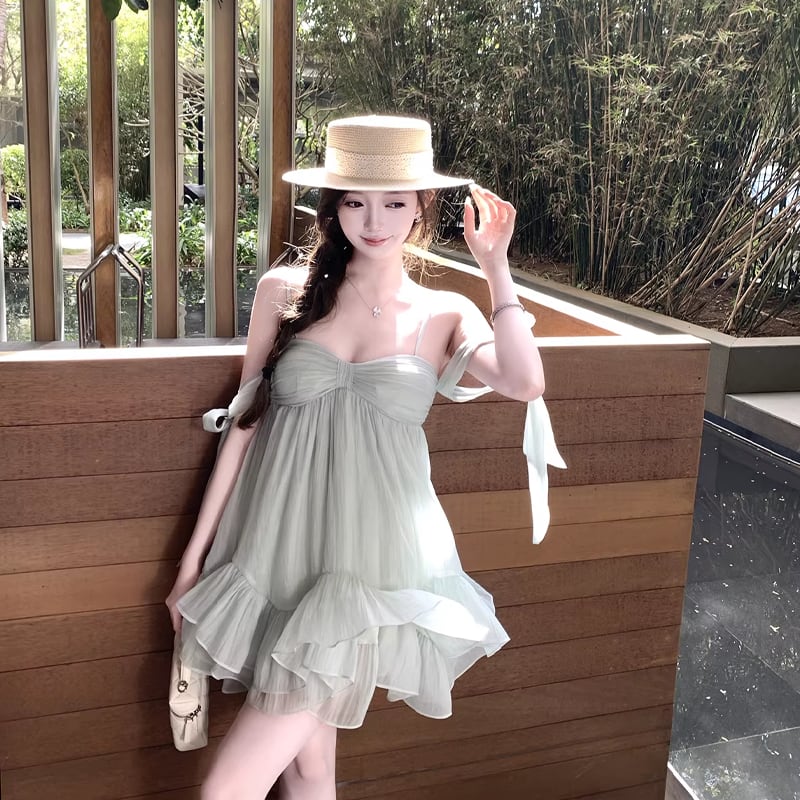 【dress】リボン付きフリルミニワンピース Q8405