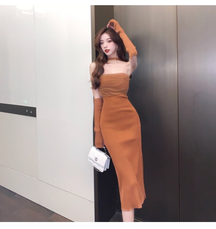 【dress】細身効果抜群♪ファッション薄手ニットワンピース　M16875