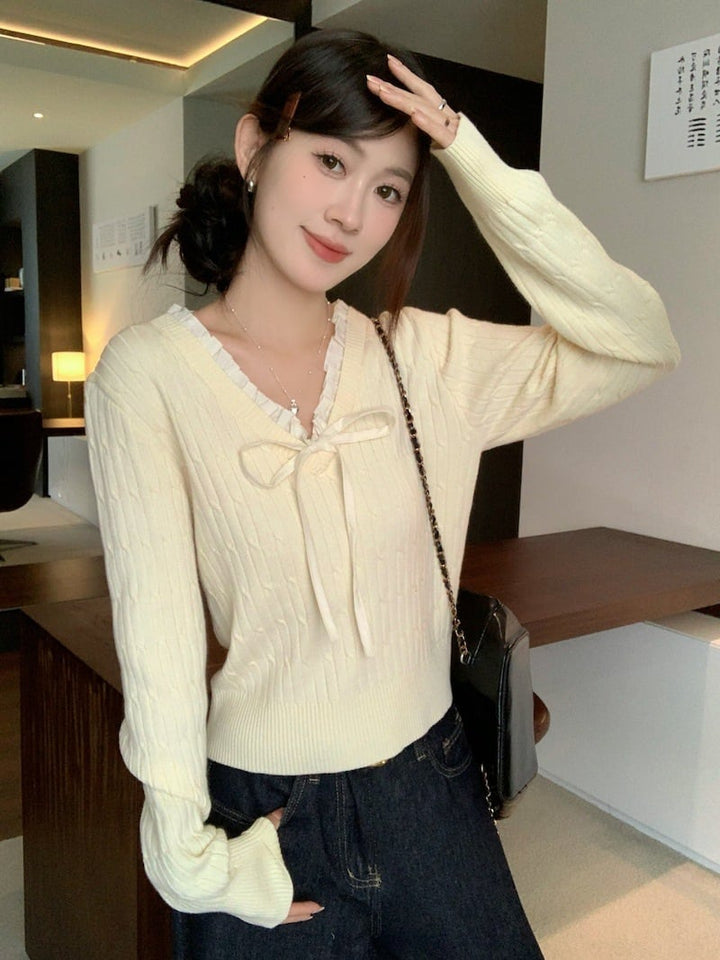 【tops】Vネックリボン付きニットトップス　M27739