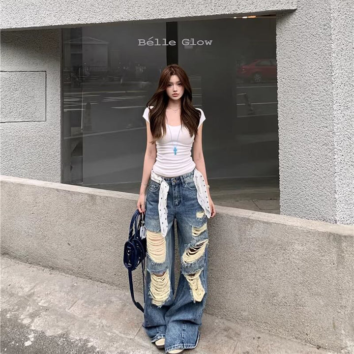 【bottoms】ダメージ加工デニムパンツ Q8303