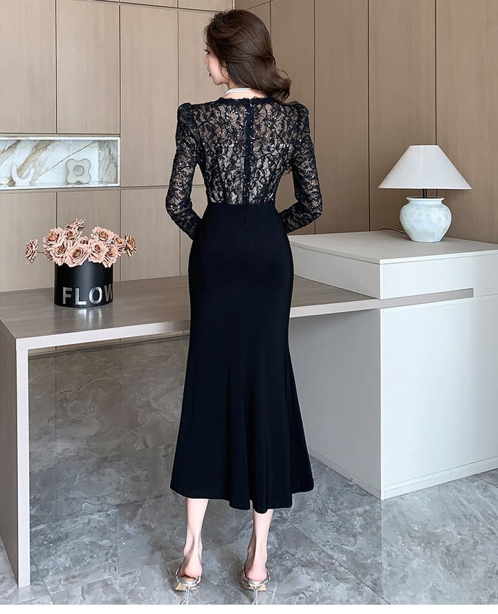【dress】レース切り替えマーメイドワンピース　M26252
