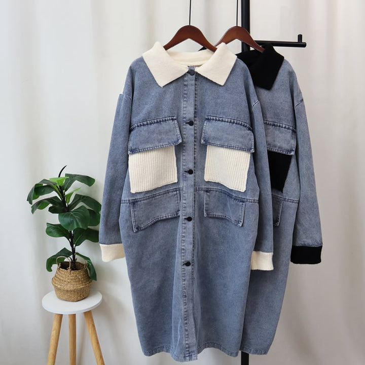 【outer】ロング丈デニム切り替えニットカーデ　M26677