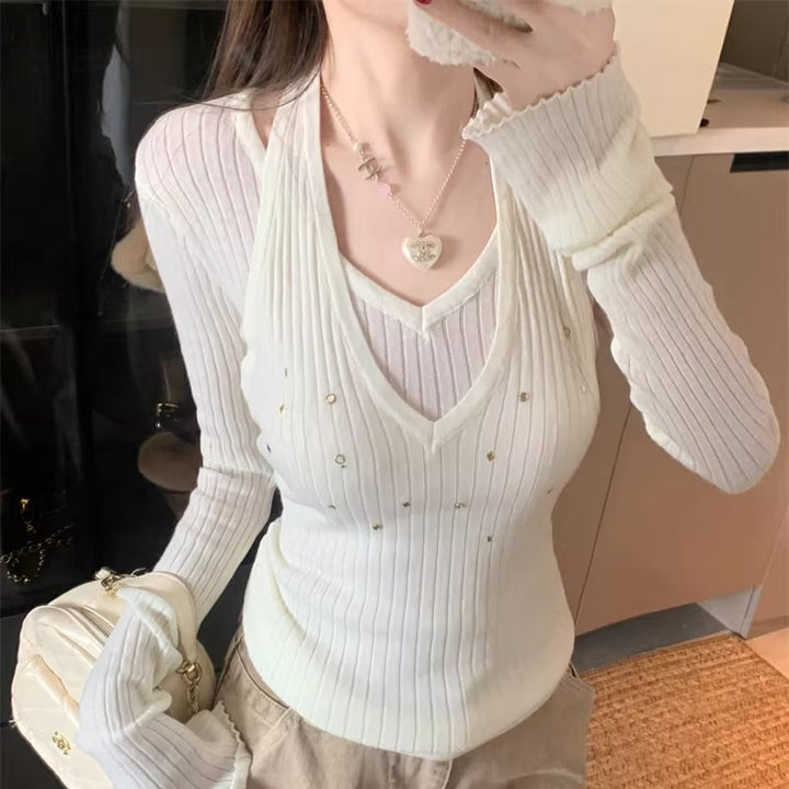 【tops】フェイクレイヤードニットトップス Q7960