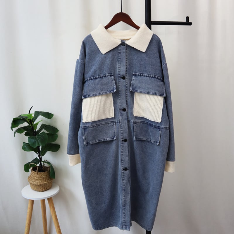 【outer】ロング丈デニム切り替えニットカーデ　M26677