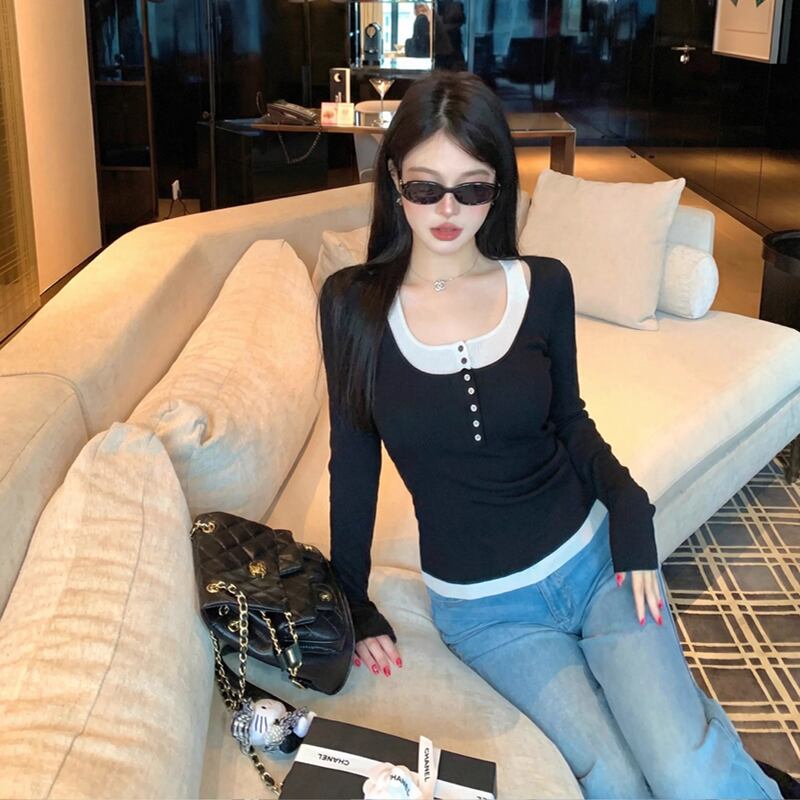 【tops】フェイクレイヤードニットトップス Q8013