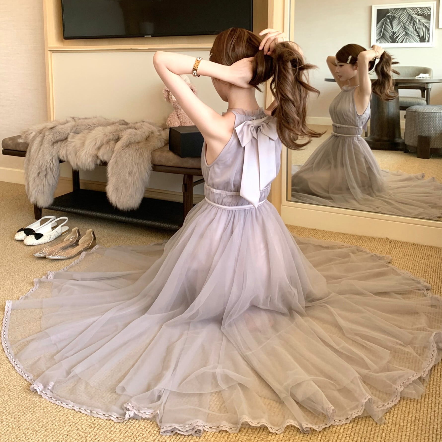 dress】バックリボンチュールロングワンピース N3217 – NANASTYLE