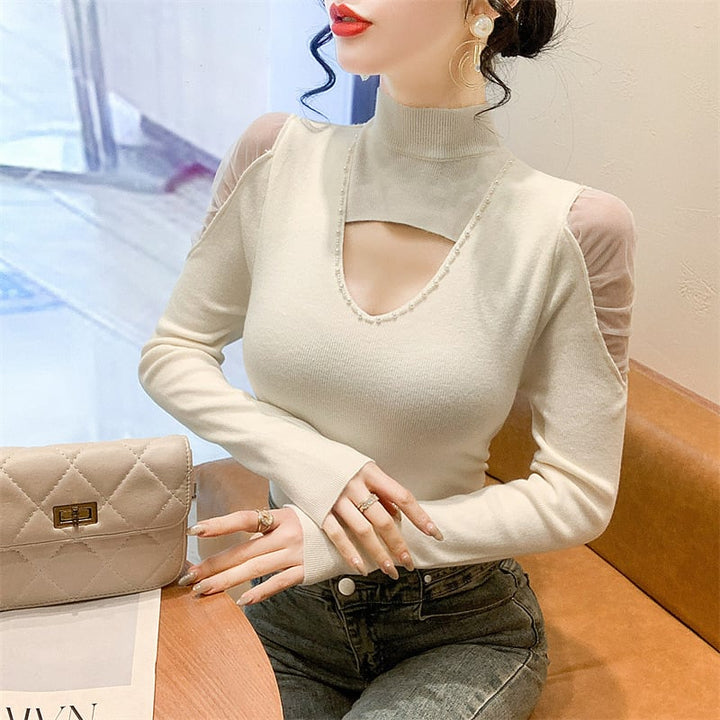 【tops】シースルーショルダーニットトップス　M28082