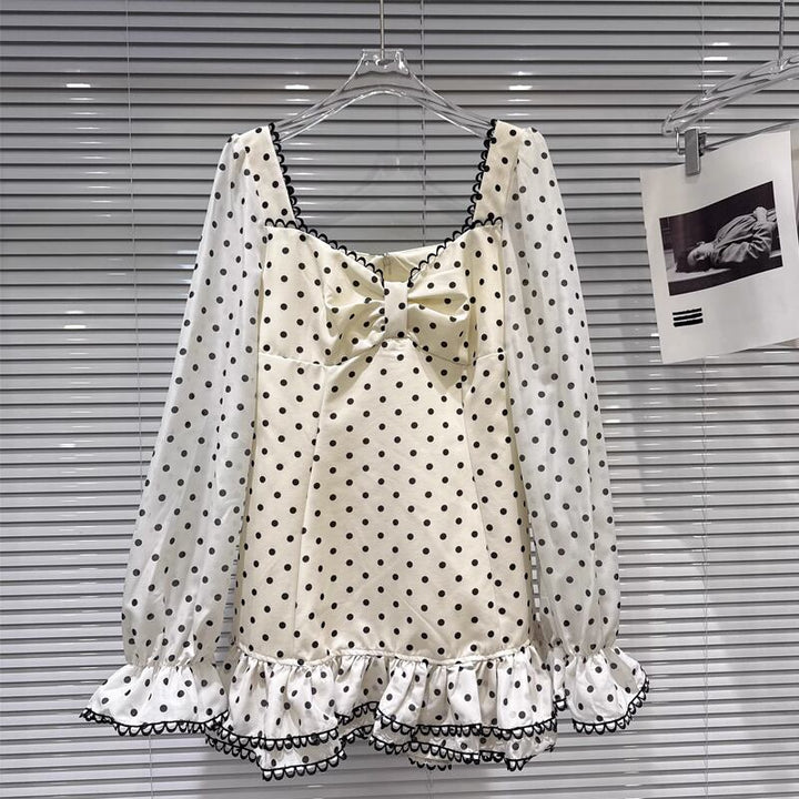【tops】ドット柄フレアシャツ Q7901
