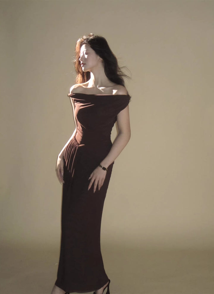 【dress】オフショルダーチュールロングワンピース Q8378