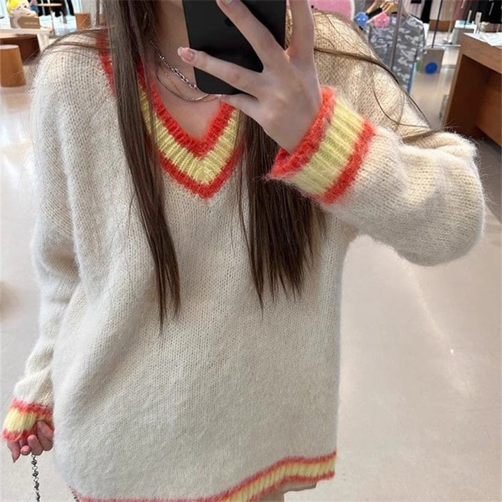 【tops】配色切り替えVネックニットセーター　M17790