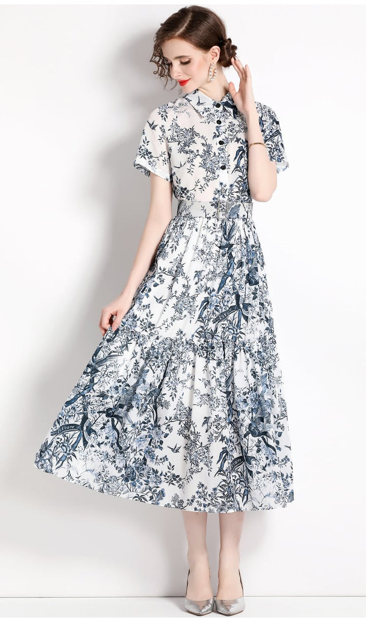 【dress】女子力アップエレガントプリントシャツワンピース　M17133
