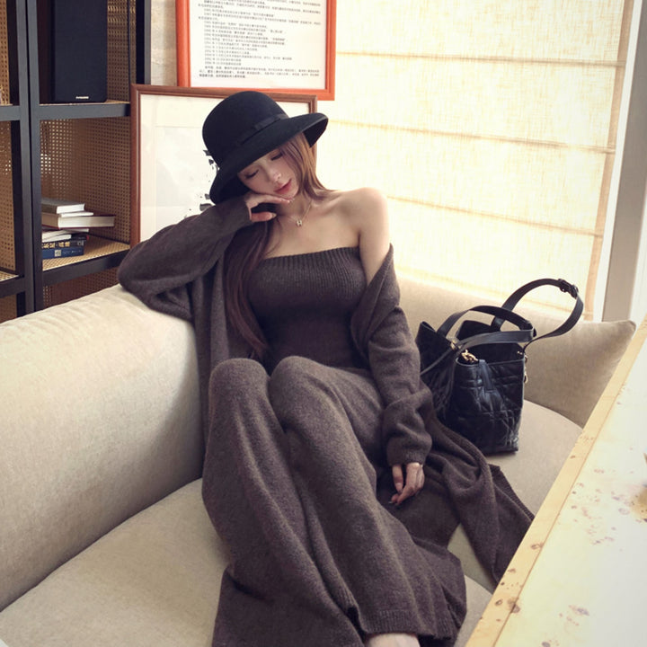 【set】ロング丈カーディガン×ベアトップ×ワイドパンツ3点セット　N3329