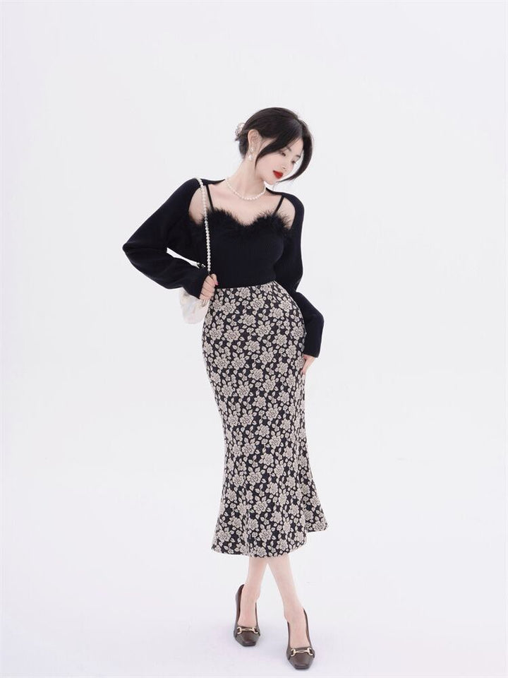 【tops】フェイクファーキャミソール×カーディガンセット　N2128
