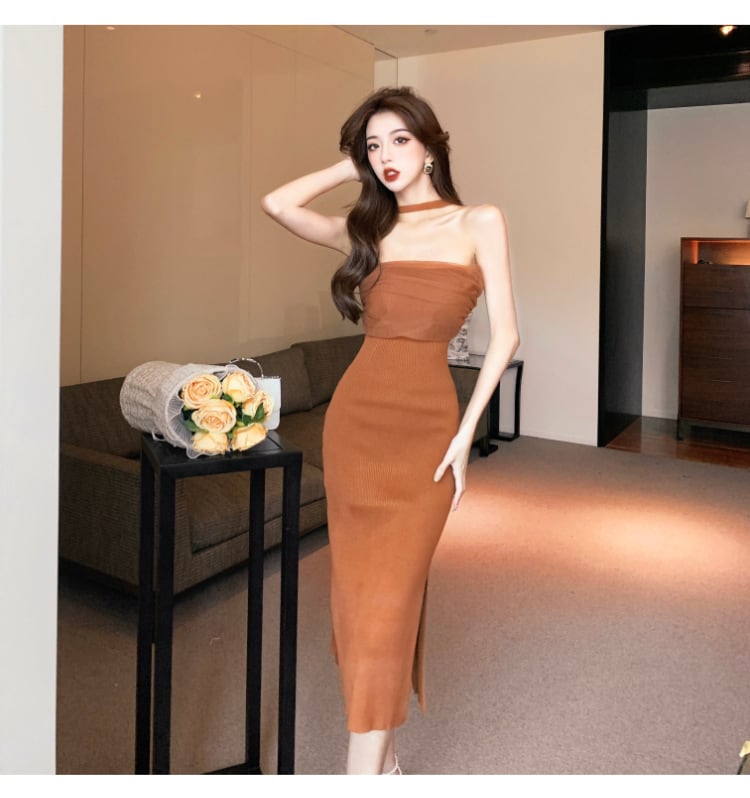 【dress】細身効果抜群♪ファッション薄手ニットワンピース　M16875