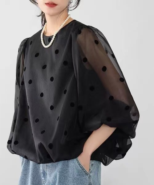 【tops】ドット柄切り替えトップス　M26990