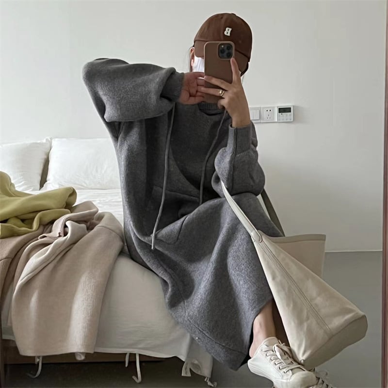 【dress】韓国系フード付きシンプルニットワンピース　M17525
