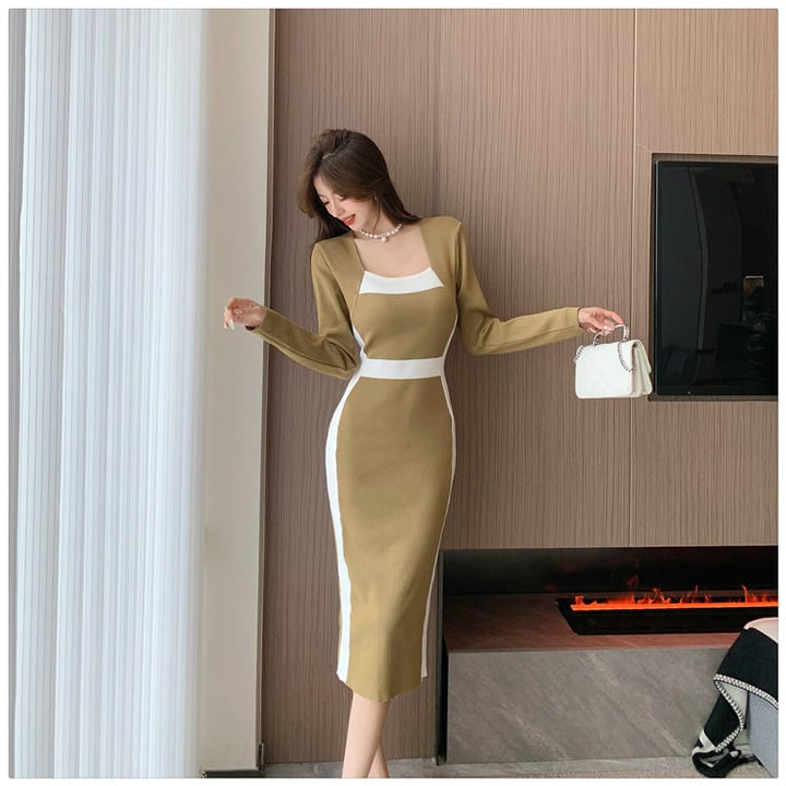 【dress】早い者勝ち切り替えニットワンピース着瘦せ　M17510