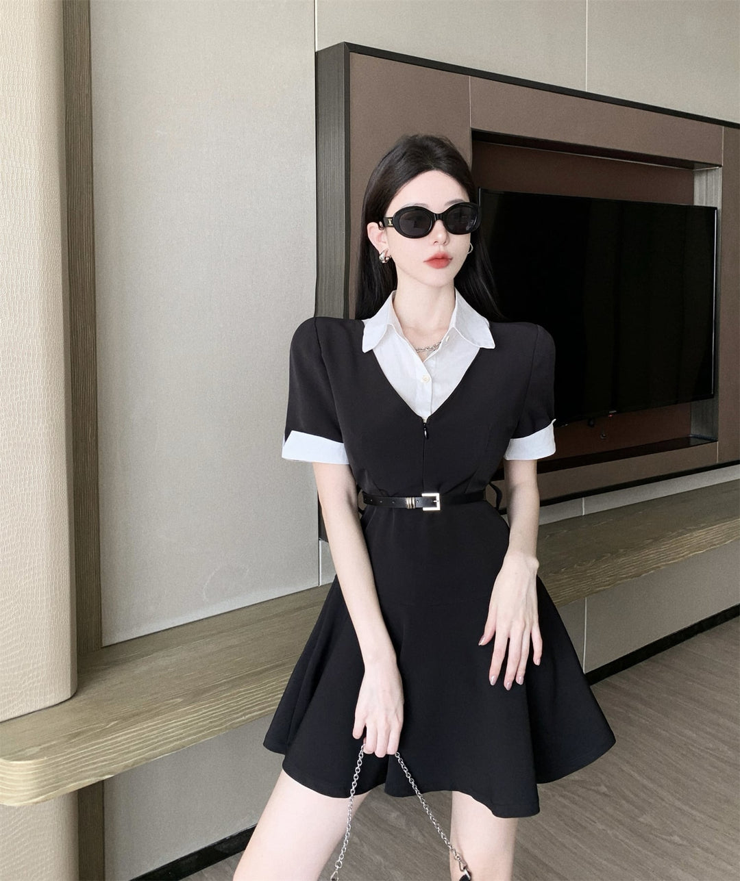 【dress】POLOネック切り替えワンピースベルト付き　M17173