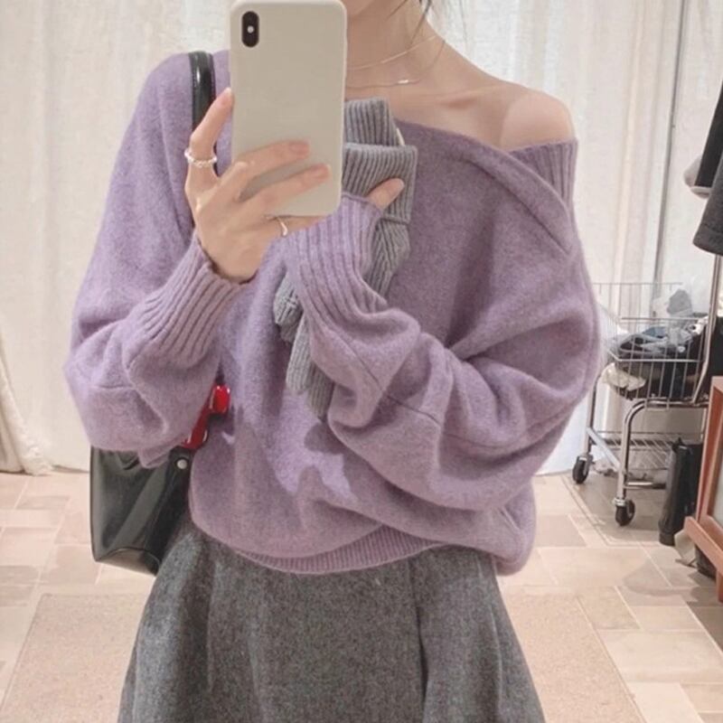 【tops】クロスネックニットトップス Q7826