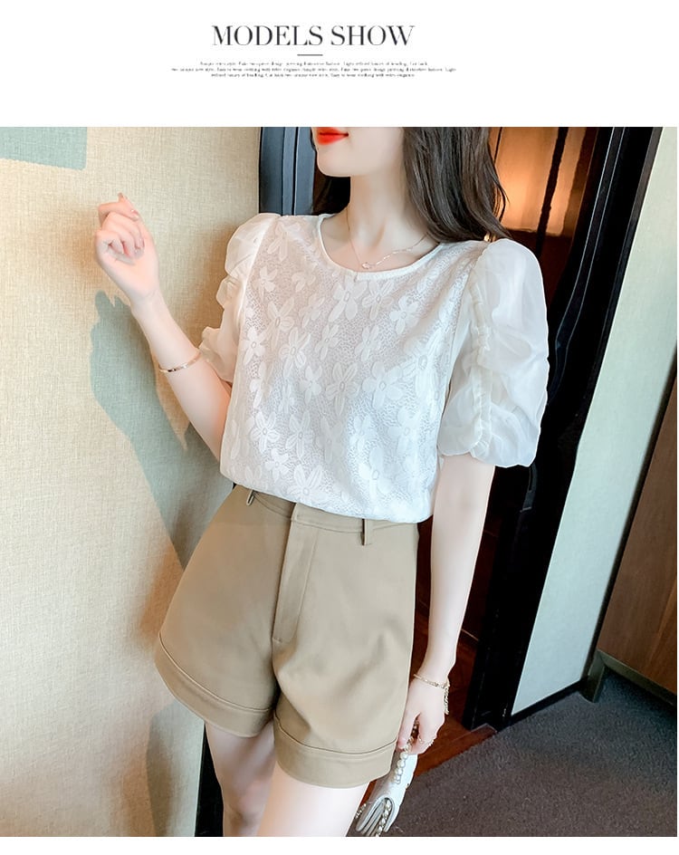 【tops】パフスリーブジャカードカットワークトップス　M17126